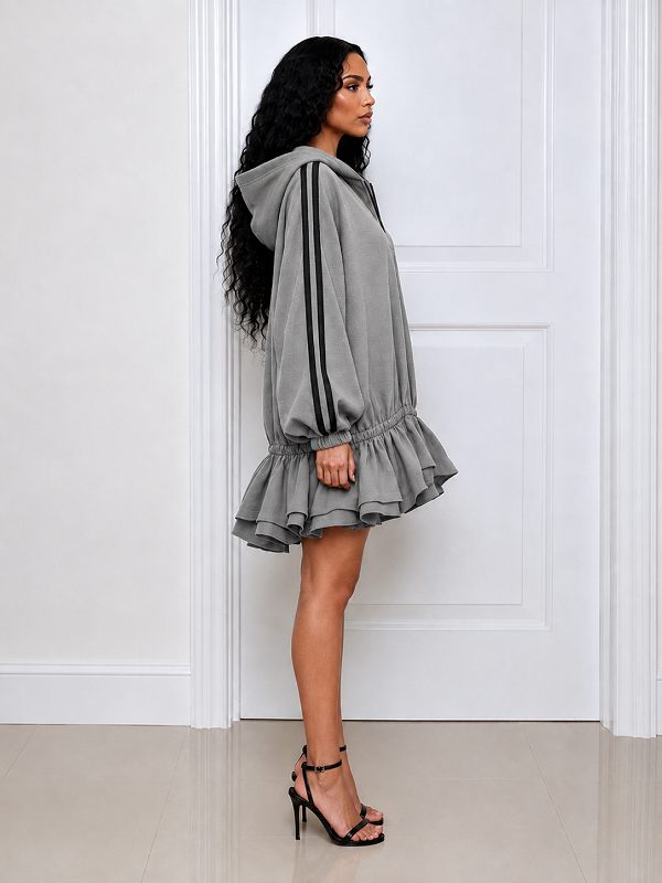 Solid Hoodie Ruffle Dress