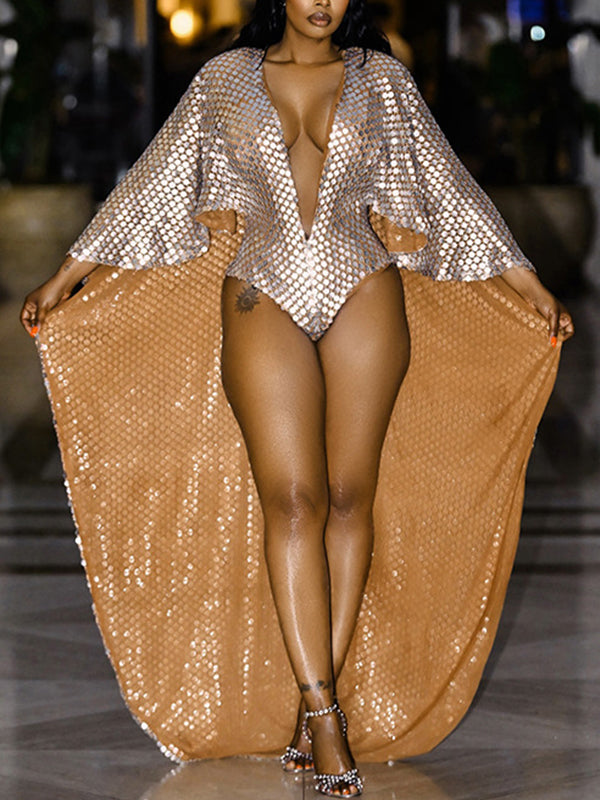 Gold Foil V-Neck Cape Bodysuit