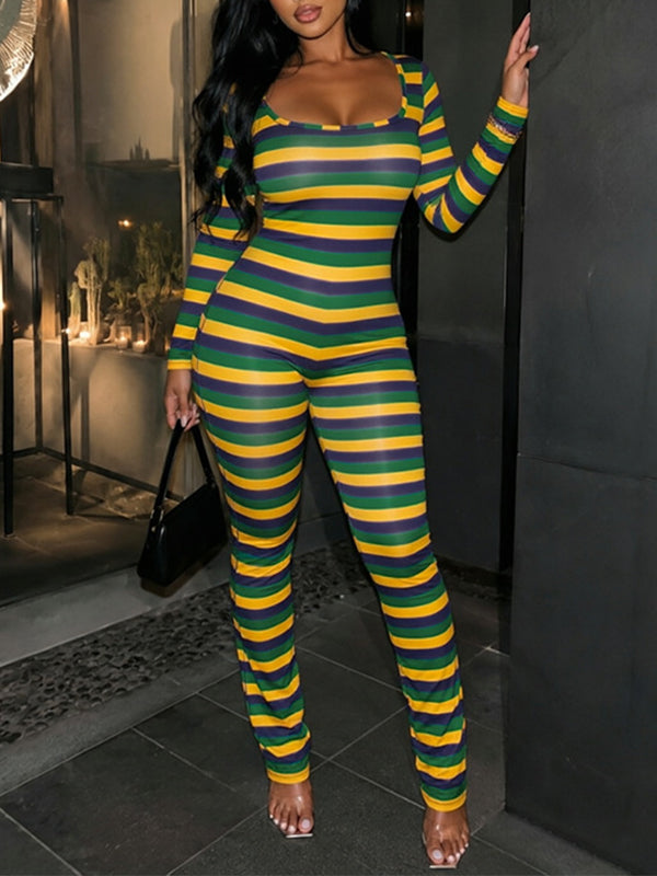 Striped Square Neck Flare Jumpsuit