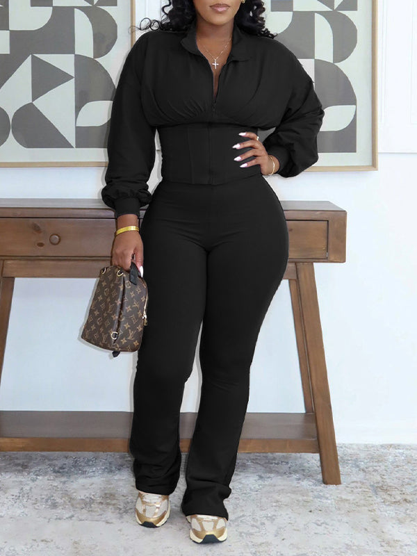 Solid Waist Cincher Top & Pants Set