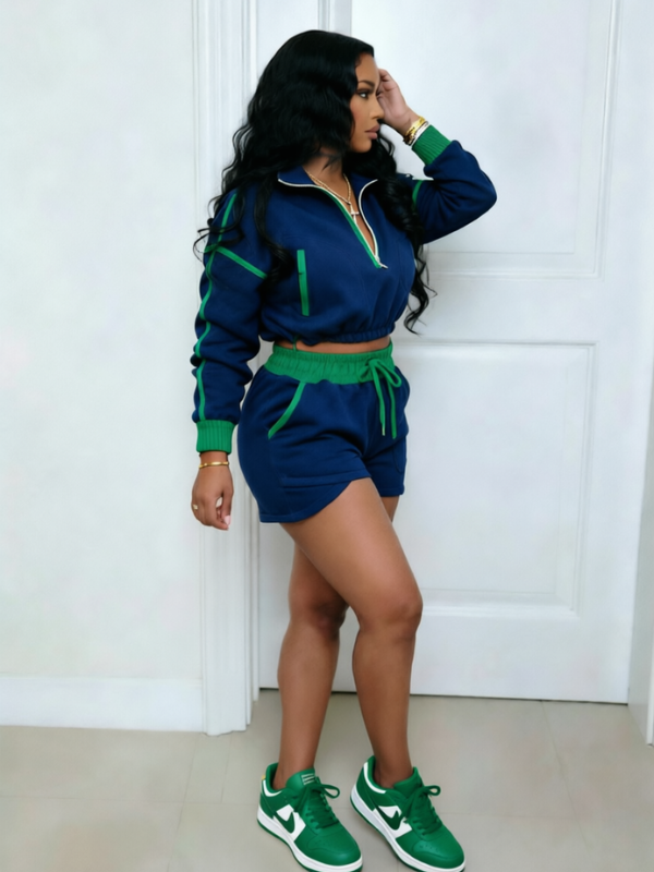 Contrast Zip Top & Shorts Set