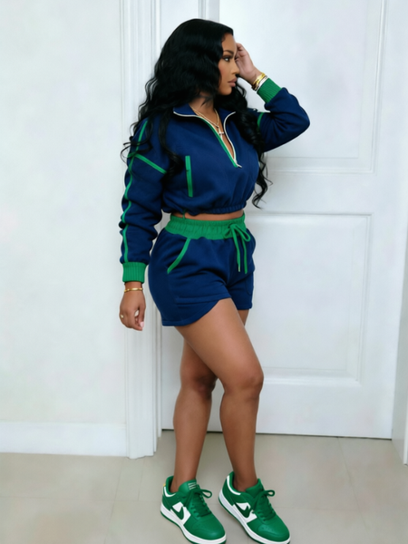 Contrast Zip Top & Shorts Set