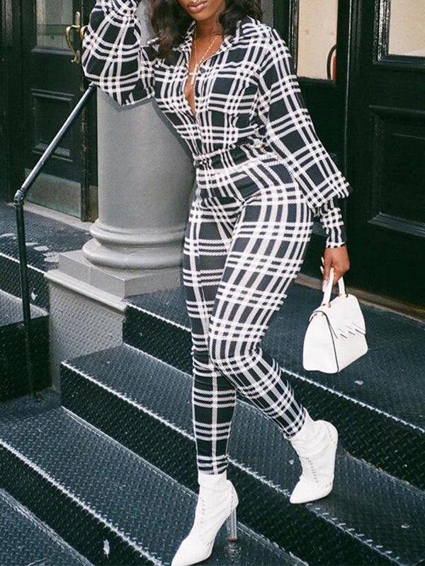 Plaid-Print Collared Jumpsuit