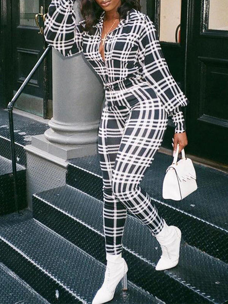 Plaid-Print Collared Jumpsuit