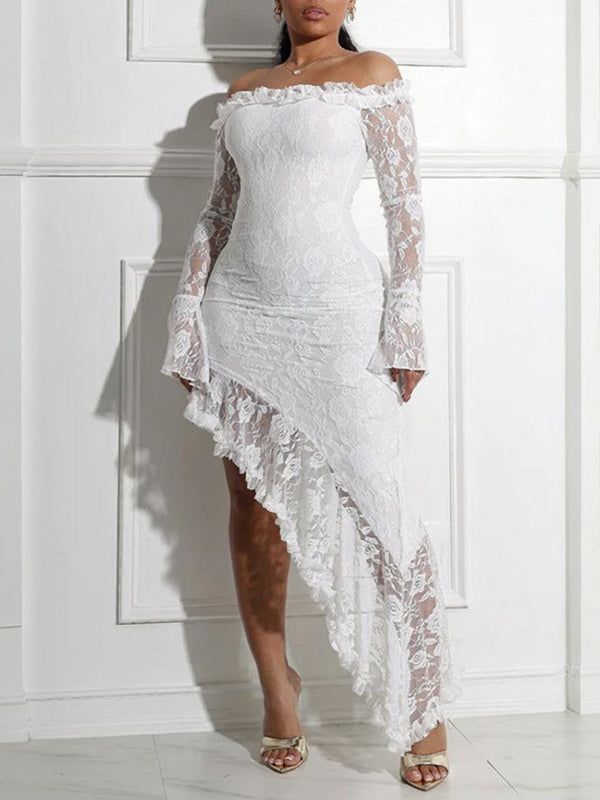 Lace Asymmetrical Off-The-Shoulder Dress