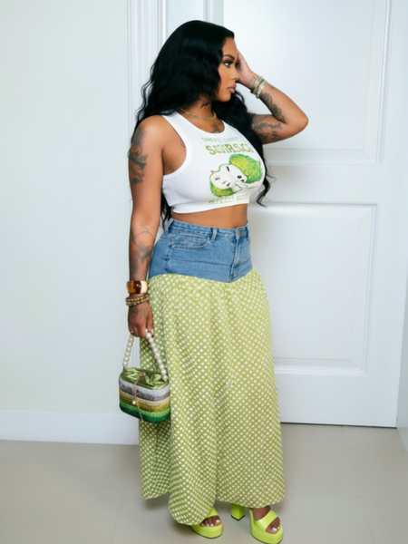 Denim Combo Dot Wide-Leg Pants