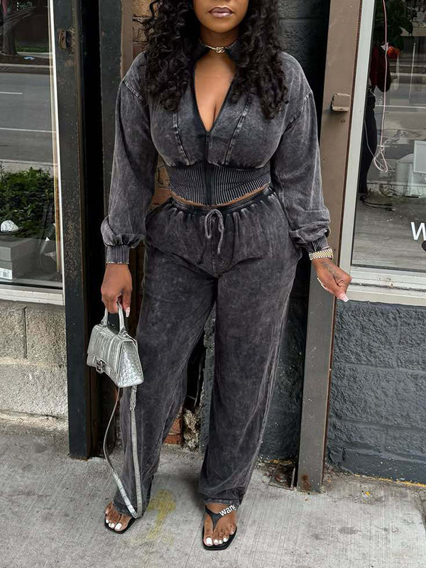 Solid Cropped Top & Drawstring Pants Set