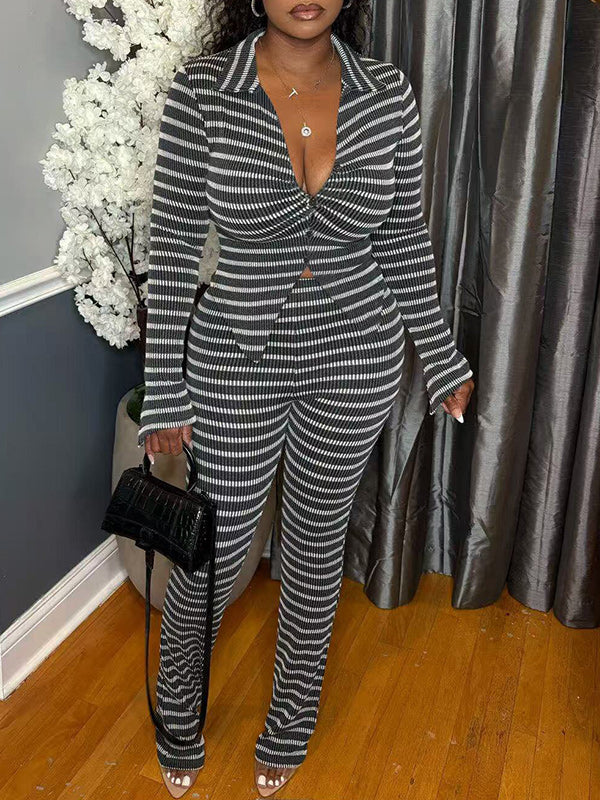 Stripe Collared Top & Pant Set