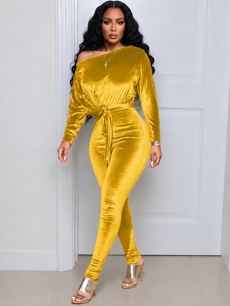 Velvet Boat-Neck Tied Jumpsuit