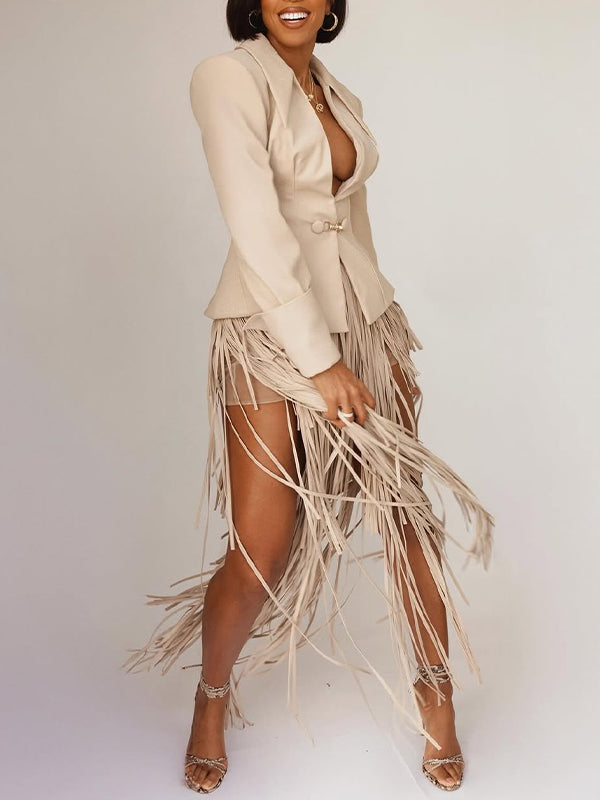 Solid Blazer & Fringe Maxi Skirt Set