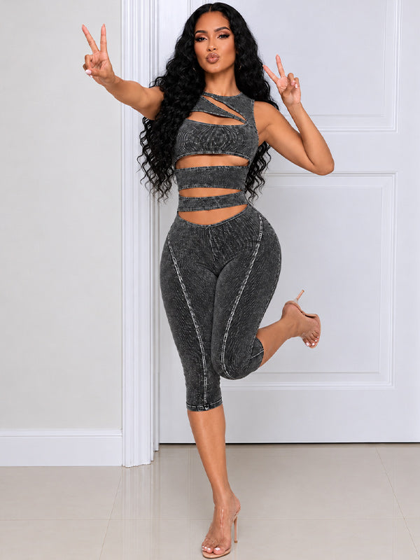 Wash Cutout Sleeveless Capri Jumpsuit