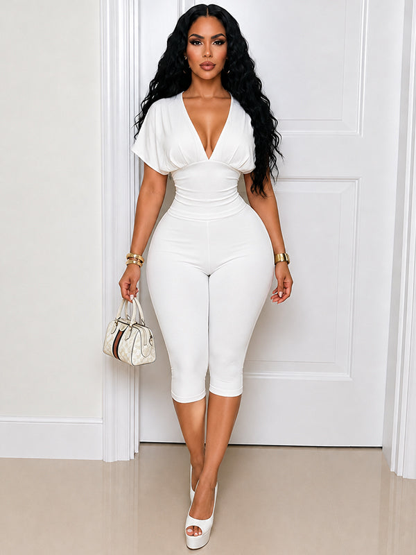 Solid V-Neck Top & Capri Pants Set