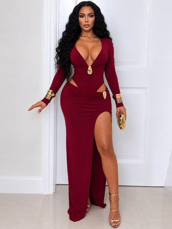 V-Neck Cutout Slit Dress