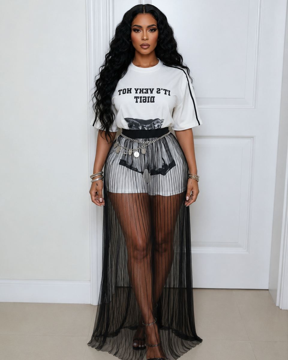 Printed Tee & Sheer Skirt Set