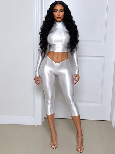 Metallic Crop Top & Capri Pants Set
