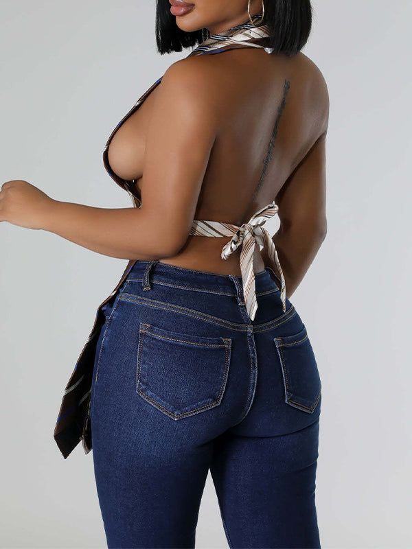 Stripe  V-Neck Backless Vest Top