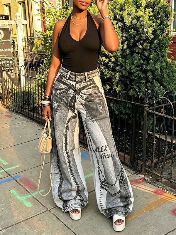 Printed Wide-Leg Jeans