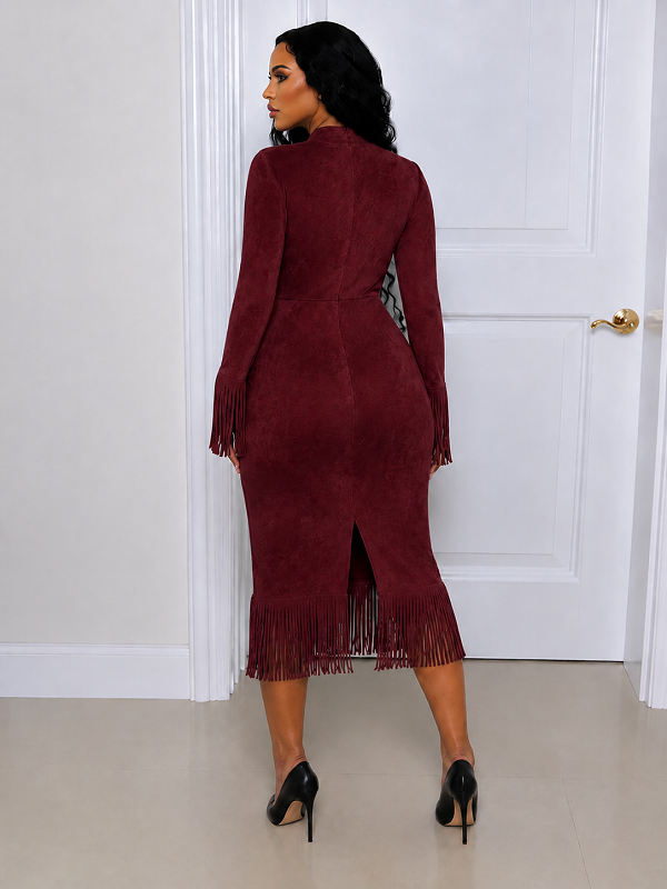 Solid V‑Neck Fringe Maxi Dress