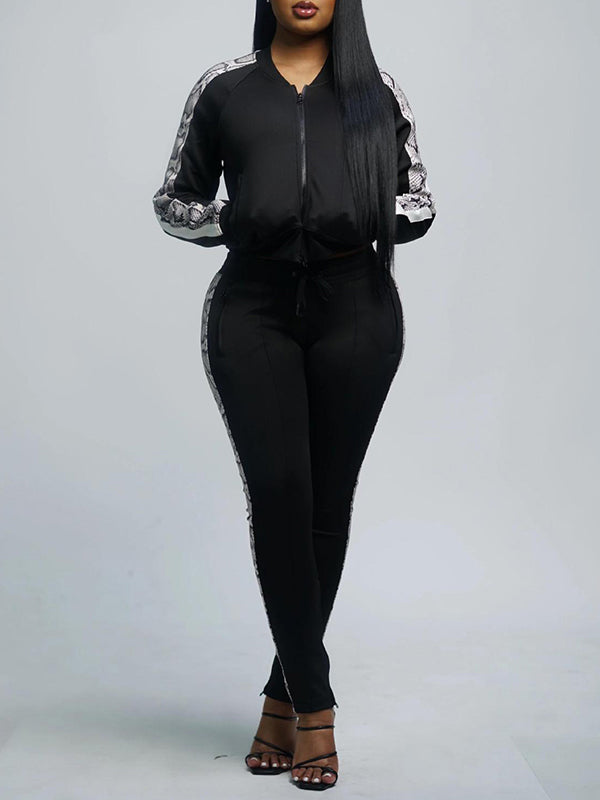 Snake-Print Paneled Top & Drawstring Pants Set