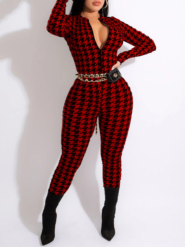 Houndstooth-Print Zip-Up Jumpsuit