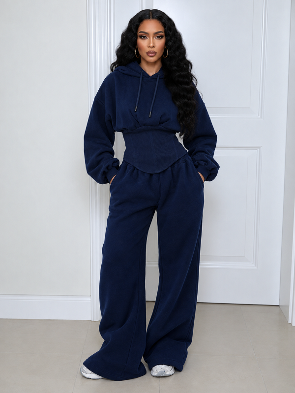 Solid Hoodie Cinched Waist Top & Pants Set