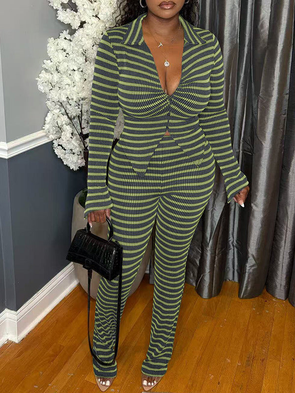 Stripe Collared Top & Pant Set