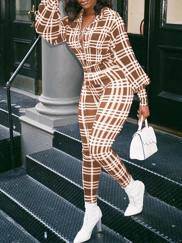 Plaid-Print Collared Jumpsuit