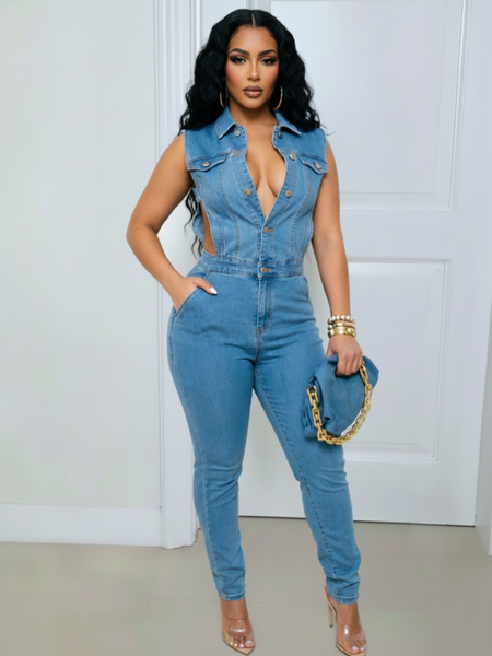 Button-Front Sleeveless Denim Jumpsuit