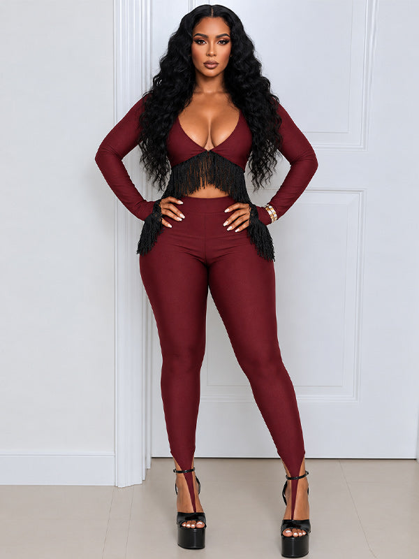 V-Neck Fringe Top & Pant Set