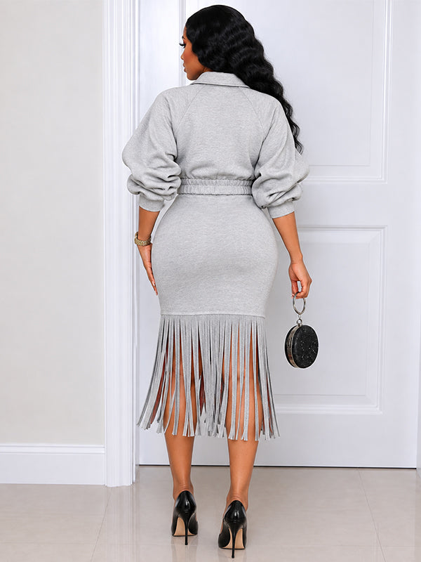 Solid Cropped Sweatshirt & Fringe Skirt Set