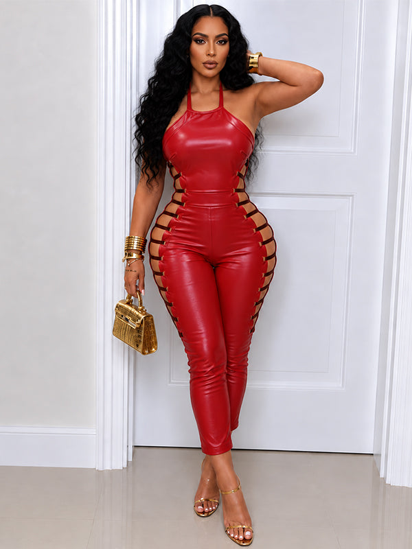 Faux-Leather Cutout Halter Jumpsuit