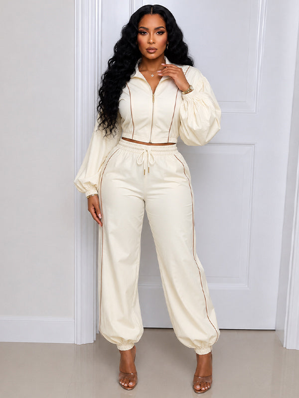 Stripe Puff-Sleeve Jacket & Pants Set
