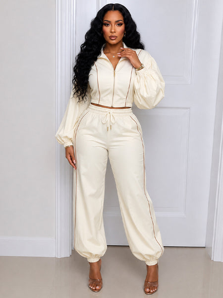 Stripe Puff-Sleeve Jacket & Pants Set