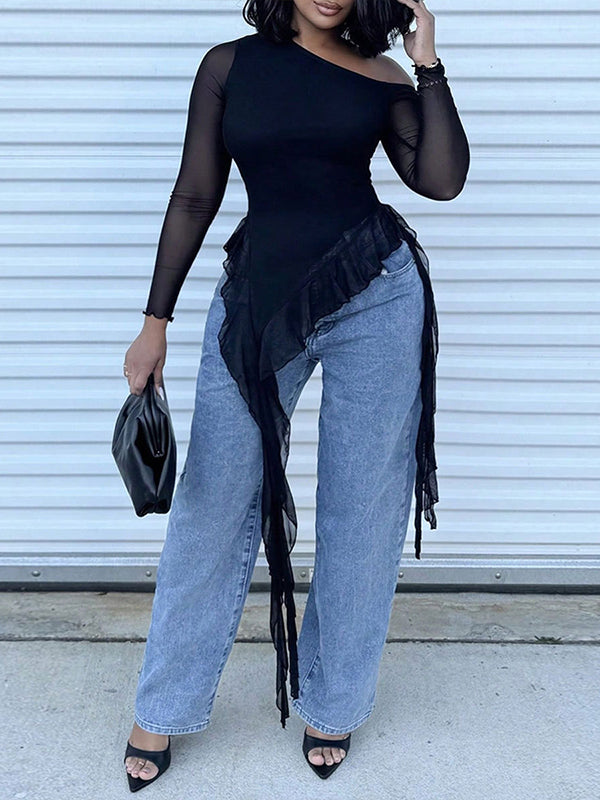 Asymmetric Ruffle Mesh Top