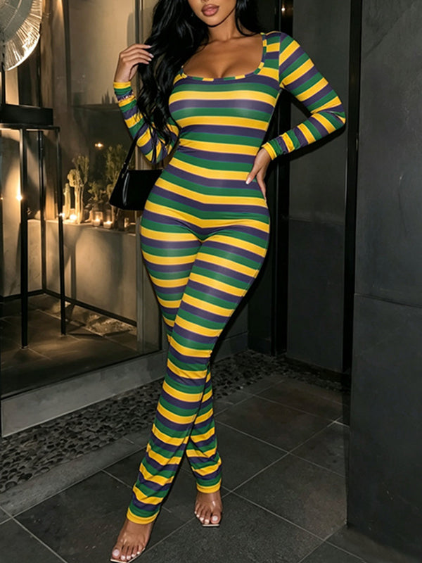 Striped Square Neck Flare Jumpsuit