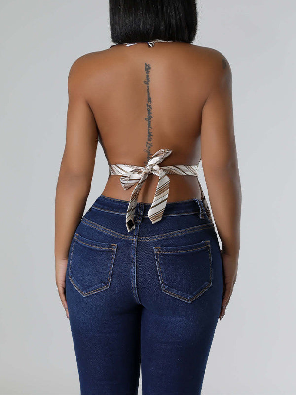 Stripe  V-Neck Backless Vest Top