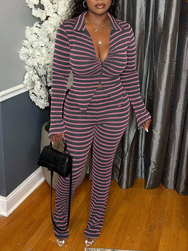 Stripe Collared Top & Pant Set
