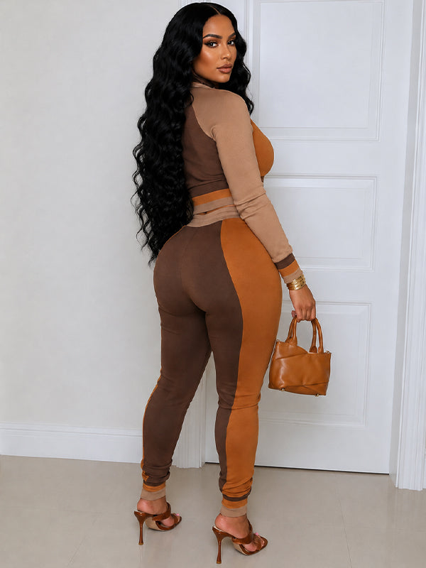 Colorblock Top & Drawstring Pants Set