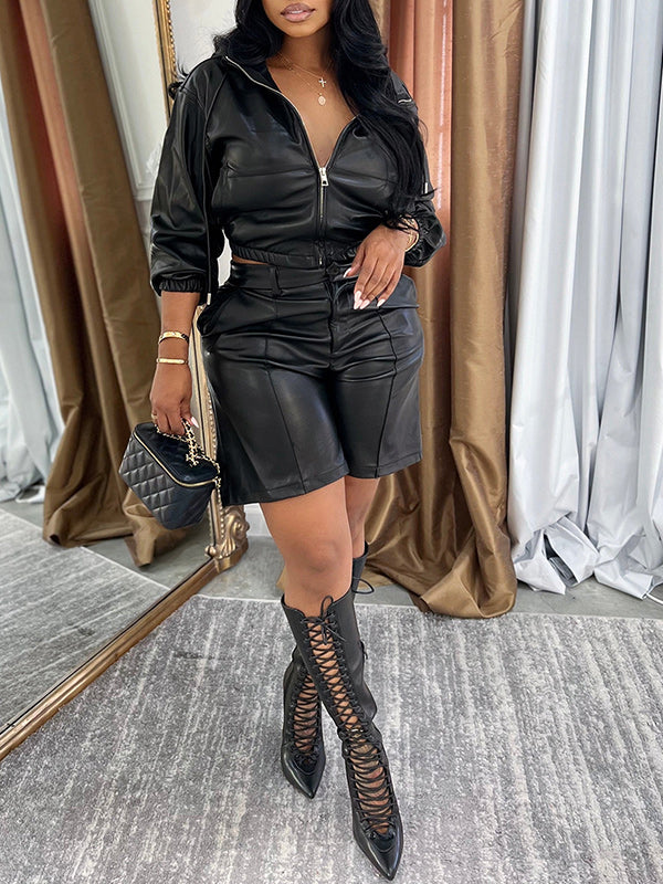 Faux-Leather Hooded Top & Capri Pants Set