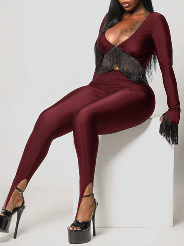 V-Neck Fringe Top & Pant Set