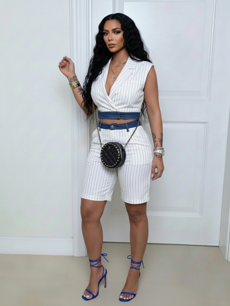 Denim Combo Stripe Vest & Shorts Set