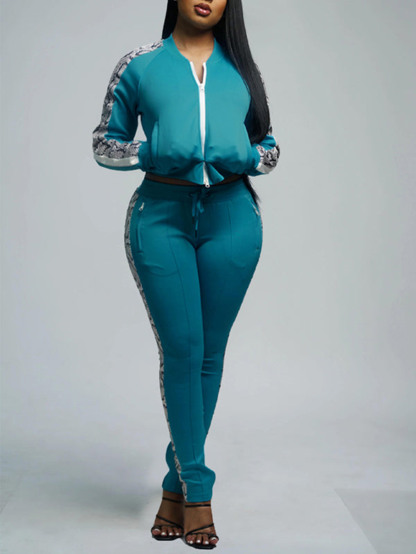 Snake-Print Paneled Top & Drawstring Pants Set