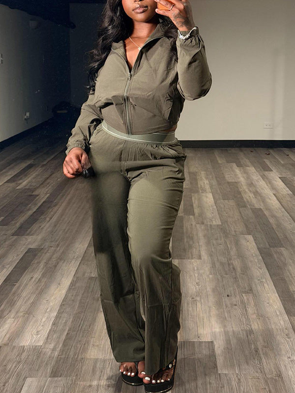 Solid Collared Top & Pants Set