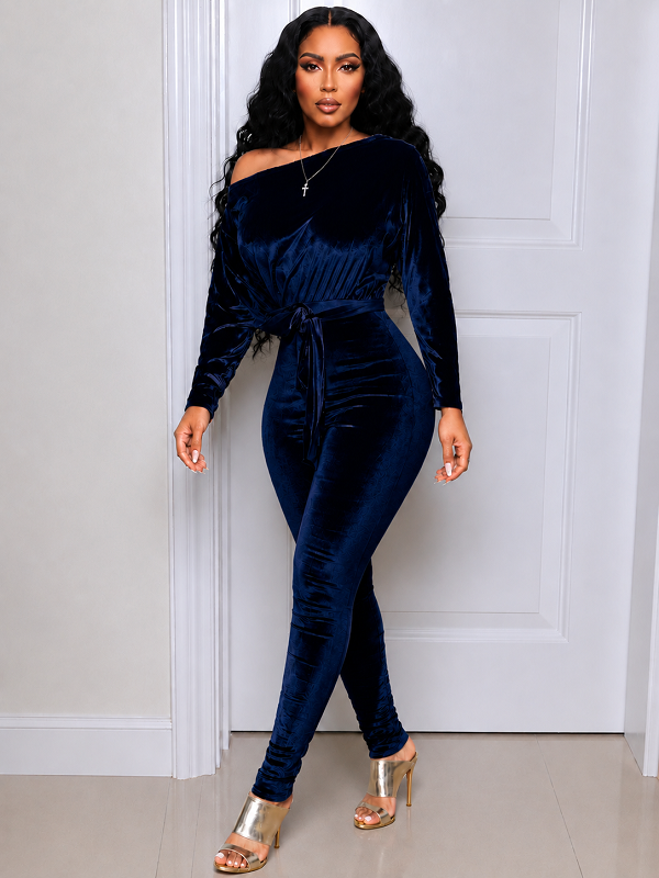 Velvet Boat-Neck Tied Jumpsuit