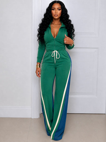 Zip-Front Top & Side-Stripe Pants Set