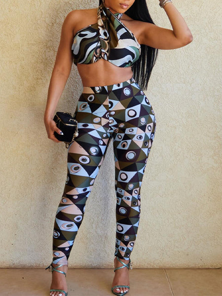 Printed Halter Crop Top & Pants Set