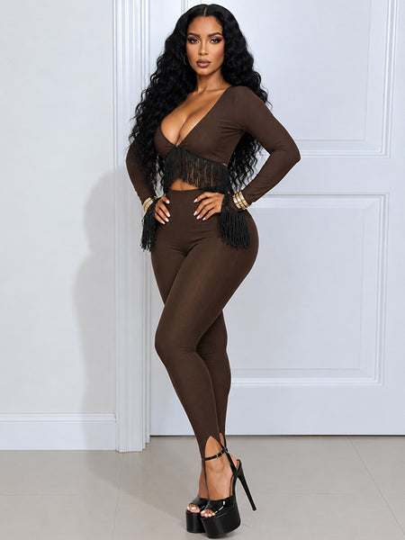 V-Neck Fringe Top & Pant Set