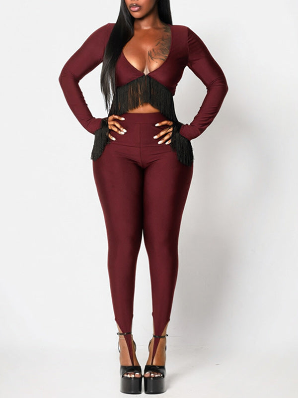V-Neck Fringe Top & Pant Set
