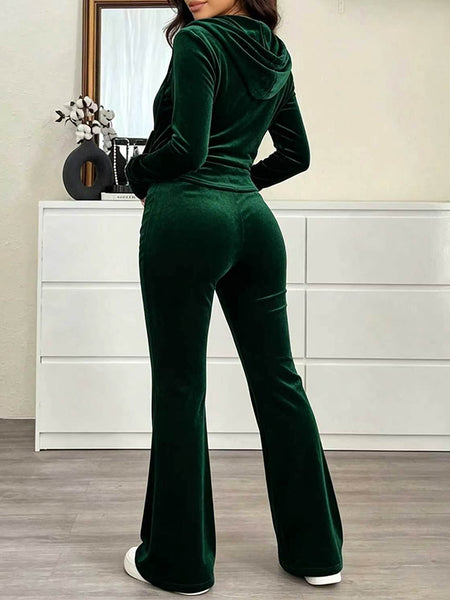 Solid Velvet Hooded Top & Flare Pants Set
