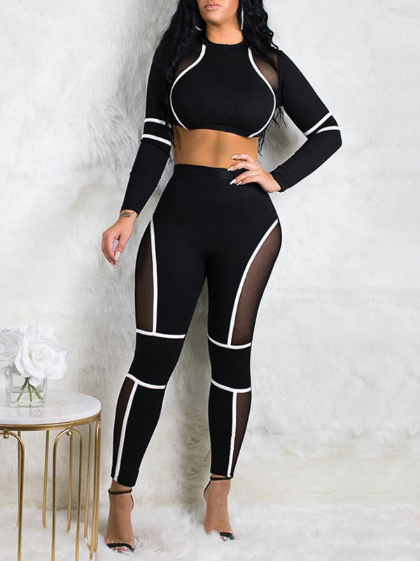 Patchwork Cropped Top & High‑Waist Pants Set
